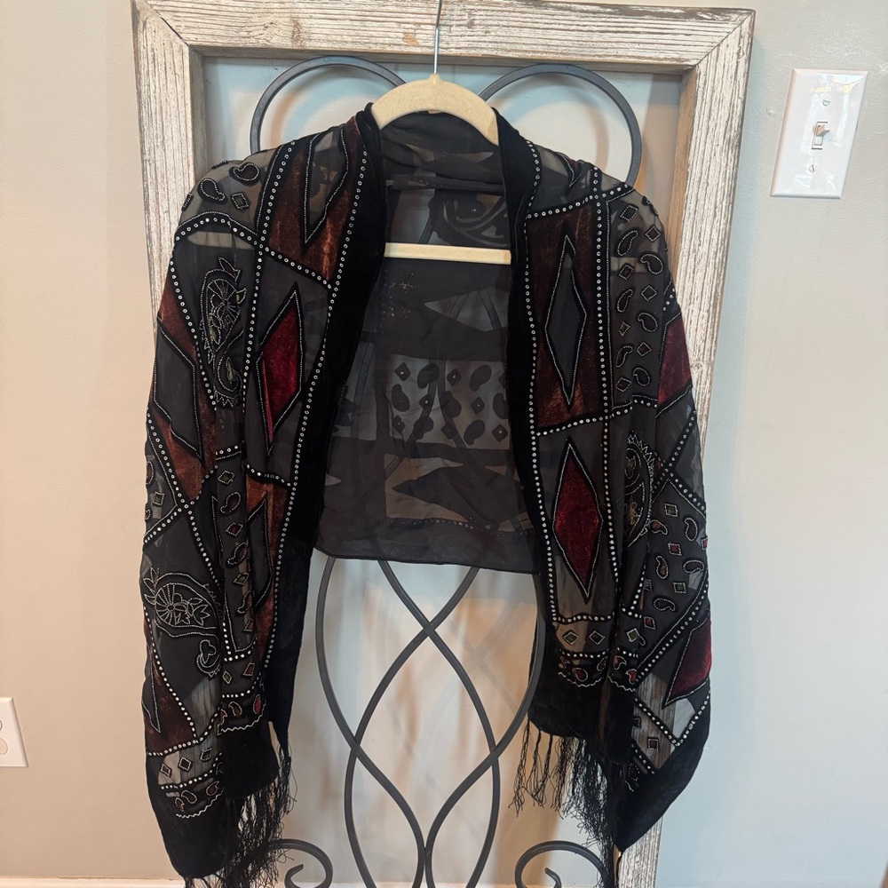 Vintage Velvet Burnout Shawl Wrap Sheer Paisley Fringe‎ Kimono Style 21x62 - Picture 2 of 7